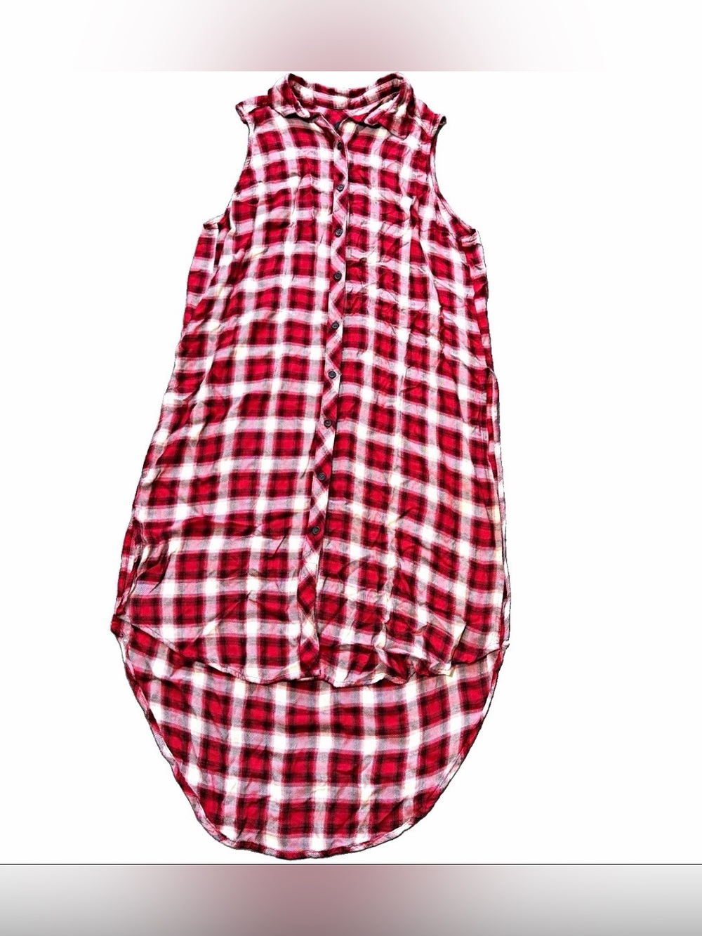 Forever 21 Red Plaid Sleeveless High Low Button Front Shirt Dress Size S